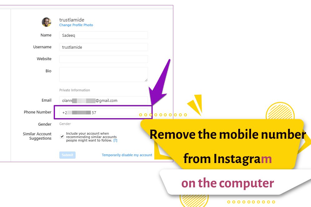 Remove the mobile number from Instagram on the computer